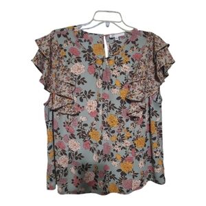 DR2 Sage Floral Ruffle Sleeve Blouse